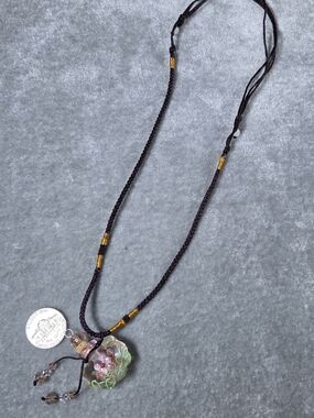 Handmade Brown Cord Necklace with Pink Floral Glass Pendant